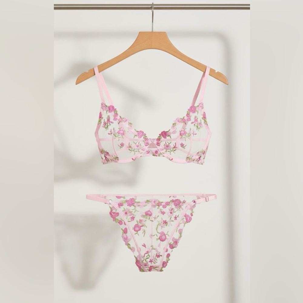 Floral Embroidered Pink Lingerie Set